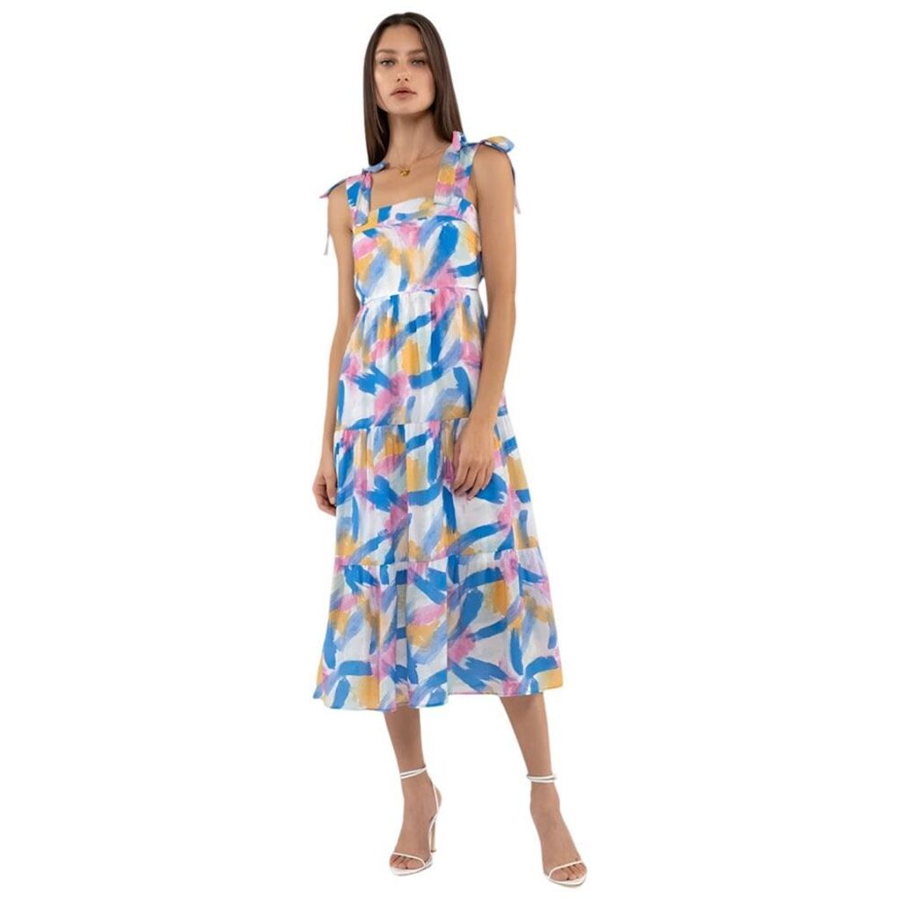 blu pepper Annie Abstract Brush Stroke Print Tiered Midi Dress - Size Medium